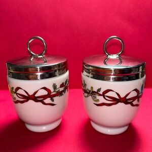 Royal Worcester Egg Coddlers-Holly Ribbon Pattern-Set of Two-Rare and Vintage